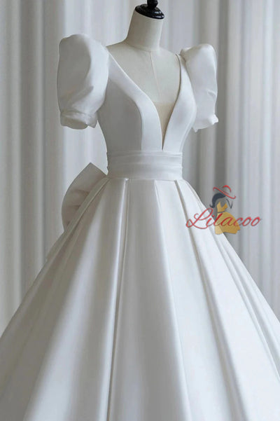 White Satin Puff Sleeve V-neck Wedding Dress