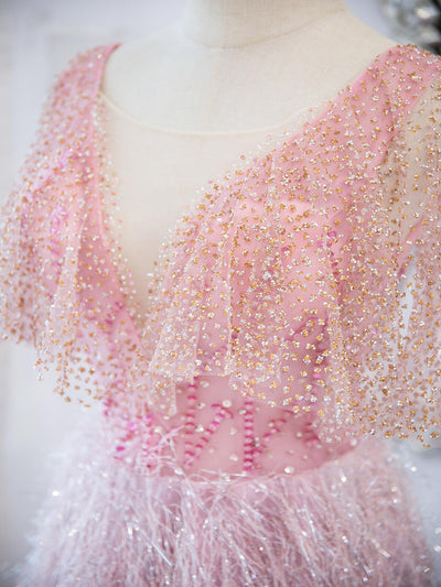 Pink Tassel Sequins Beading Prom Dress