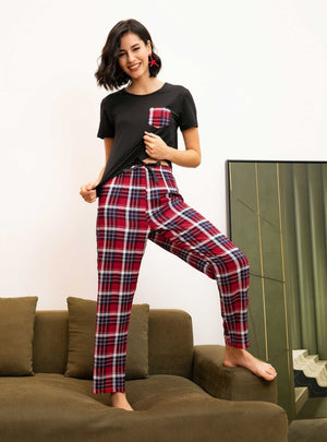Short-sleeved Plaid Pajamas Set