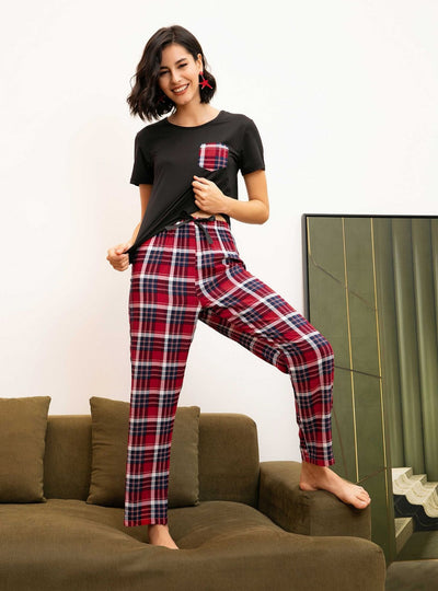Short-sleeved Plaid Pajamas Set