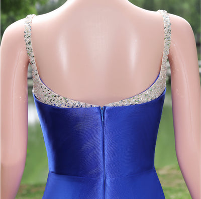 Royal Blue Satin Pleats Beading Prom Dress