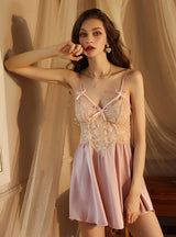Sexy V Lace Satin Perspective Suspender Nightdress
