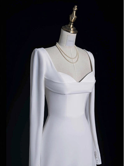 White Square Neck Long Sleeve Wedding Dress