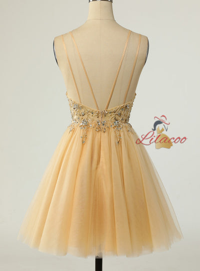 Gold Tulle Straps Beading Sequins Homecoming Dress