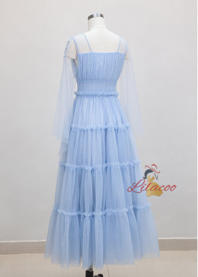 Retro Blue Square Collar Gauze Banquet Dress