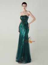 Sequins Tulle Strapless Beading Prom Dress