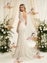 Ivory Mermaid Lace Short Sleeve Wedding Dress