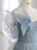Blue Tulle Sequins Straps Prom Dress