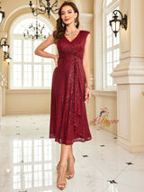 Bugundy Sequins V-neck Prom Dress