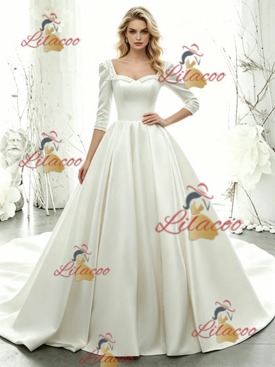 White Satin Short Sleeve Beading Wedding Dress