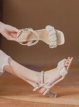 Crystal Thick-heeled Pearl Sandals