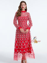 Embroidered Beaded Banquet Long Sleeve Dress