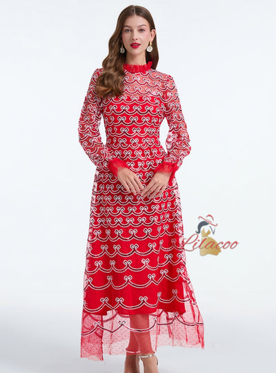 Embroidered Beaded Banquet Long Sleeve Dress