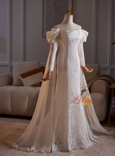 White Mermaid Lace Long Sleeve Wedding Dress