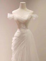Simple White Tulle Off the Shoulder Pleats Wedding Dress