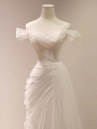 Simple White Tulle Off the Shoulder Pleats Wedding Dress
