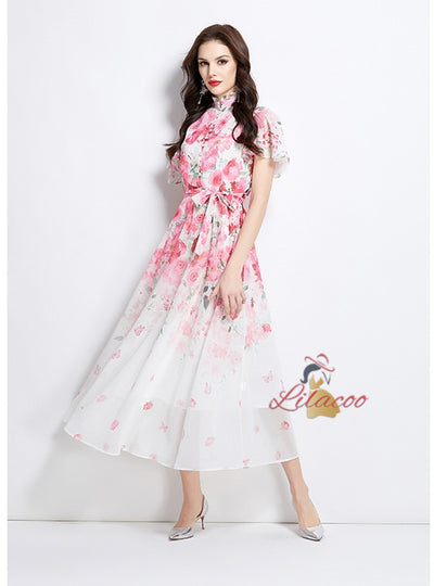 Pearl-breasted Slim Printed Chiffon Dress