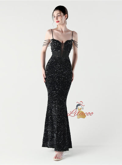 Mermaid Sequins Spaghetti Straps Appliques Prom Dress