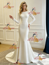 White Mermaid Long Sleee Backless Wedding Dress