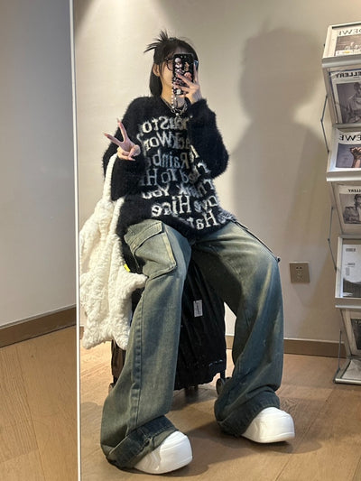 Women Retro Wide-leg Jeans Pant