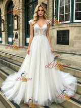 White Tulle Straps Lace Wedding Dress