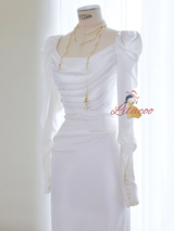 White Satin Long Sleeve Pleats Wedding Dress