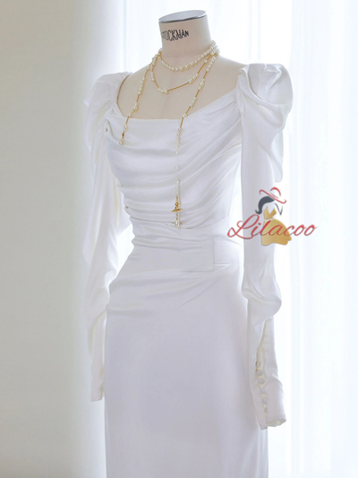White Satin Long Sleeve Pleats Wedding Dress