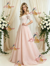 Pink Tulle Lace Short Sleeve Wedding Dress