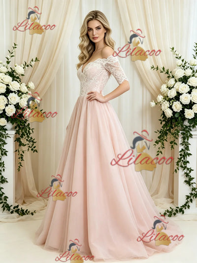 Pink Tulle Lace Short Sleeve Wedding Dress