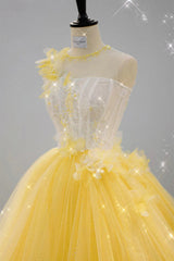 Yellow Tulle Lace Flower Homecoming Dress