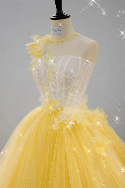 Yellow Tulle Lace Flower Homecoming Dress