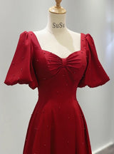 Burgundy Satin Puff Sleeve Pearls Prom Dress