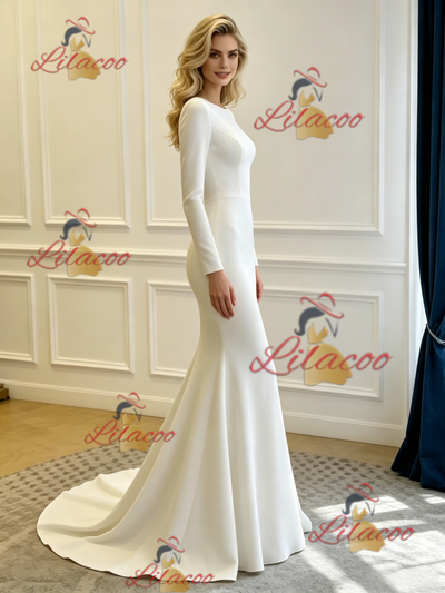 White Mermaid Long Sleee Backless Wedding Dress