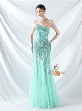 Mermaid Sequins One Shoulder Beading Prom Dress