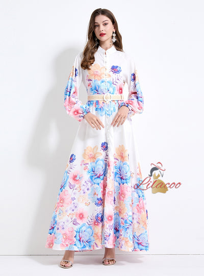 Slim Lantern Sleeve Button Printed Dress