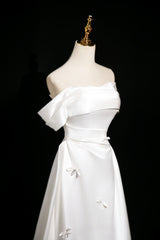 White Satin Pleats Bow Wedding Dress