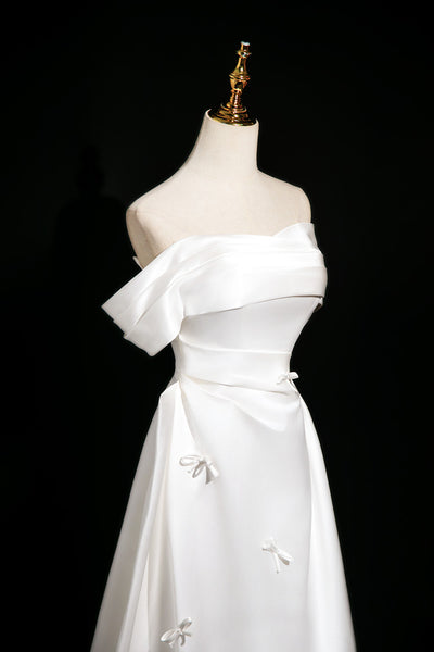 White Satin Pleats Bow Wedding Dress