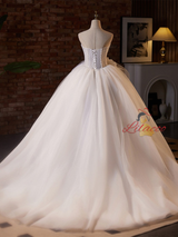 White Tulle Strapless Beading Flower Wedding Dress