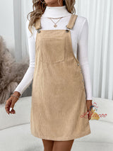 Pocket Strap Corduroy Solid Color Casual Dress