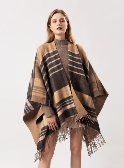 Cashmere-like Warm Shawl with Plaid Tassels