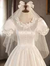Vintage White Satin Puff Sleeve Button Wedding Dress
