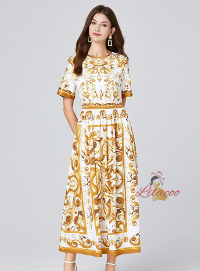 Retro Short Sleeve Printed Dress