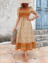 Bohemian Square Collar Bubble Sleeve Printed Dress