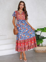 V-neck Lotus Leaf Sleeve Floral Print Long Dress
