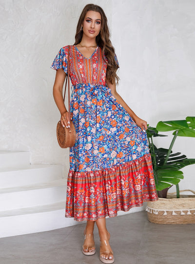 V-neck Lotus Leaf Sleeve Floral Print Long Dress