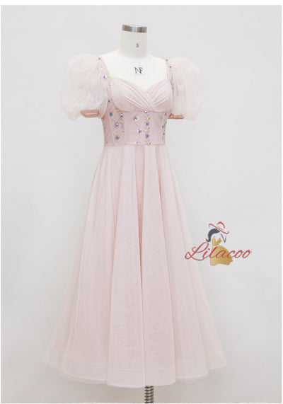 Pink Square Neck Gauze Bead Dress