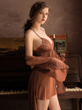 Deep V Stitching Lace Suspender Nightdress Suit