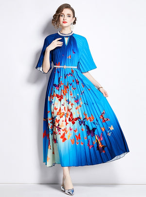 Printed Beaded Pleated Long Dress