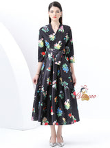 Vintage Printed V-neck Long Sleeves Dress