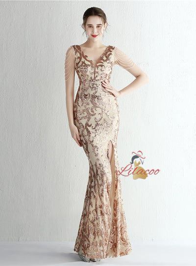 Sequins V-neck Beading Prom Dress